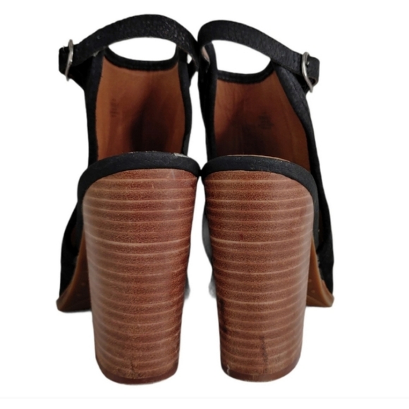 Lucky Brand Black Pebble Leather Open Toe Stacked Heels Women's Size 9.5 - Picture 8 of 9